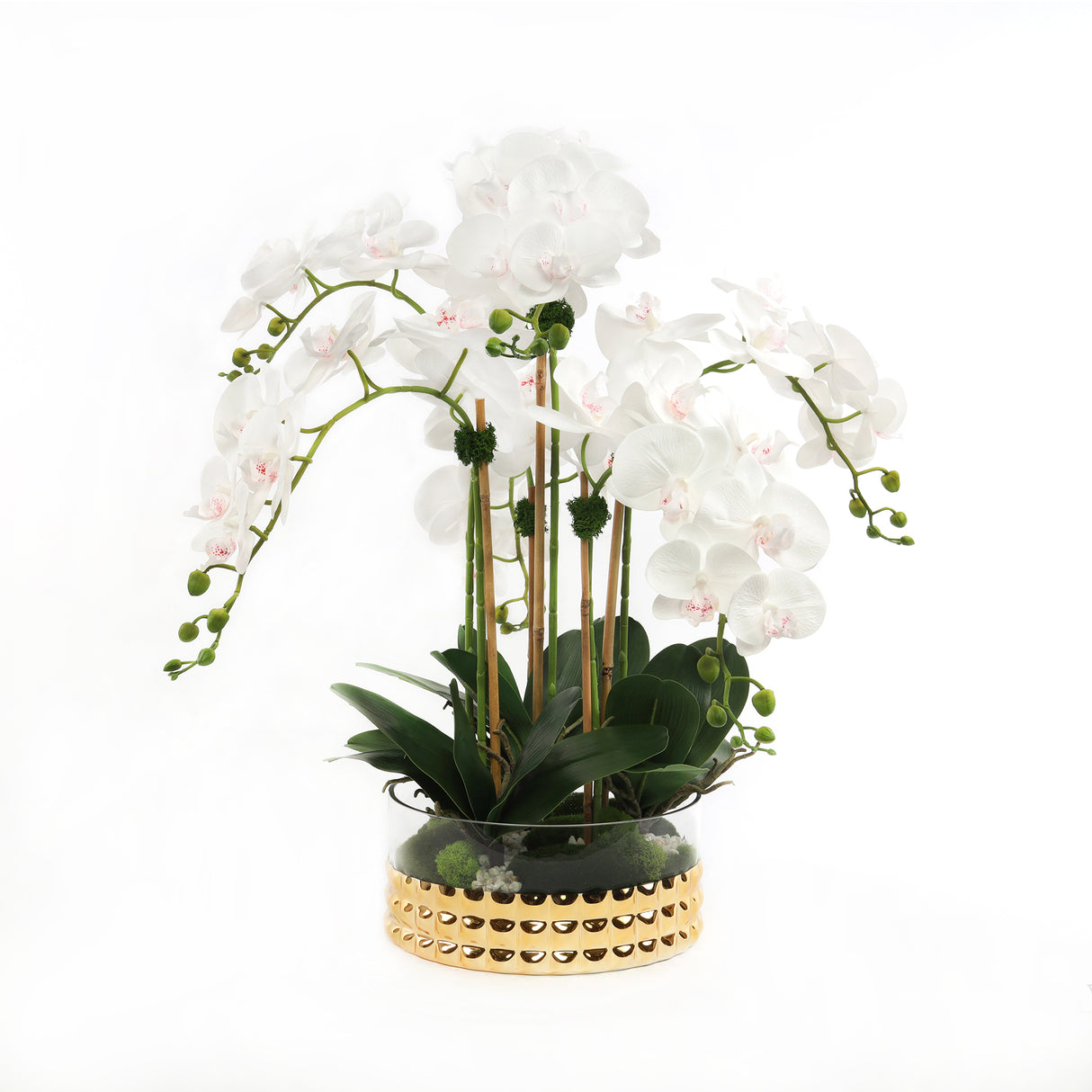 Sophisticated White Silk Real Touch Orchid Arrangement in a Glass Gold Round Bowl#F-175