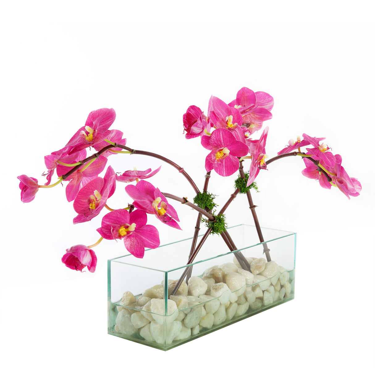 Fuchsia Orchid Arrangement with Faux Water & Rocks In Vase #F-183