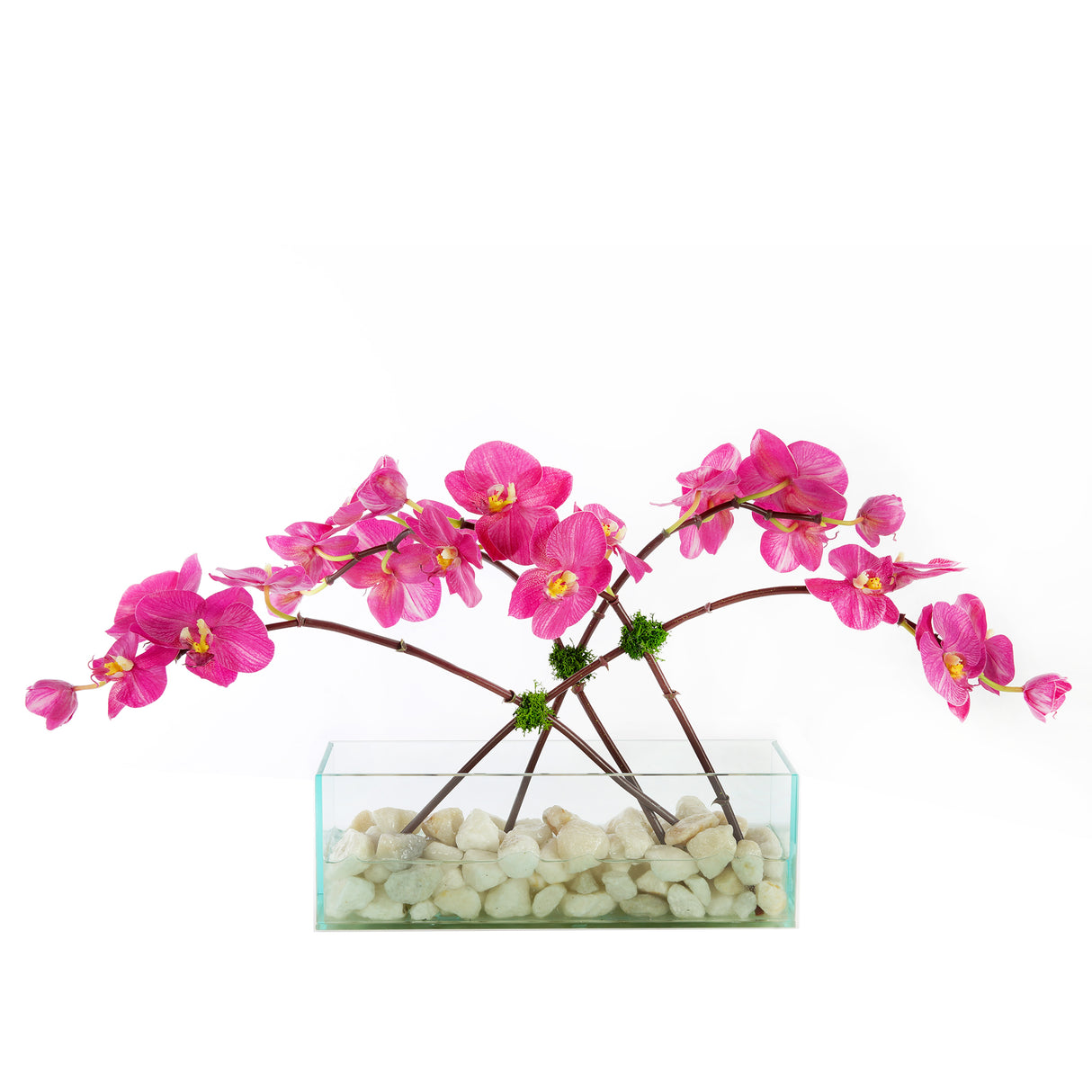 Fuchsia Orchid Arrangement with Faux Water & Rocks In Vase #F-183