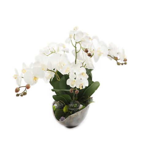 Cream White Orchids Faux Arrangement in Small Metal Tray #F-190