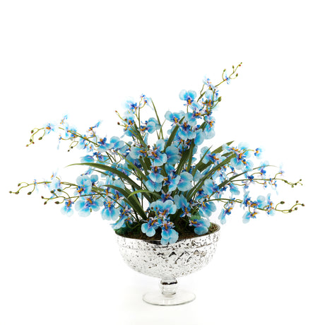 Blue Silk Oncidium Orchid Arrangement in Antique Silver Vase #F-194