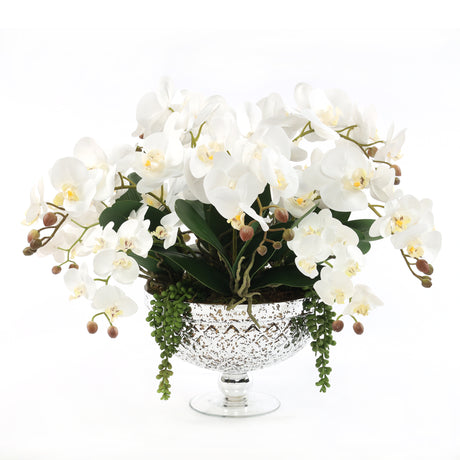 Faux White Orchid Arrangement in Antique Silver Glass Vase #F-197