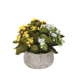 Kalanchoe Silk Flower Bushes White, Yellow in Stone Round Pot #F-214