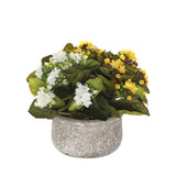 Kalanchoe Silk Flower Bushes White, Yellow in Stone Round Pot #F-214