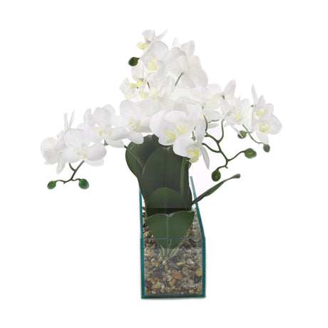 Real Touch White Orchids & rocks in Rectangle Glass Container #F-218