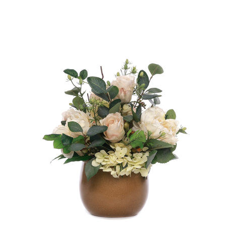 Peony/Rose/Berry Flower Arrangement in Ceramic Brown Pot #F-225