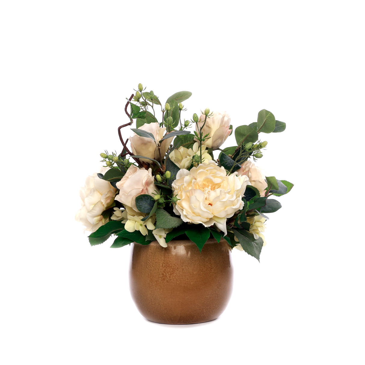 Peony/Rose/Berry Flower Arrangement in Ceramic Brown Pot #F-225