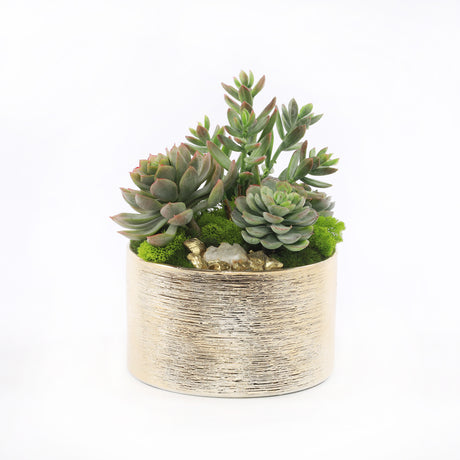 Faux Sedum & Succulent Arrangement in Etched Golden Pot #S-45