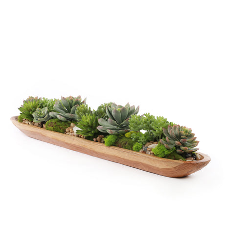 Cute Faux Succulents & Geodes Plant in Teak Ship Bowl #S-47