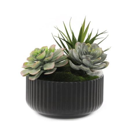 Faux Succulents & Moss Arrangement in Ribbed Black Pot #S-48