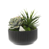 Faux Succulents & Moss Arrangement in Ribbed Black Pot #S-48