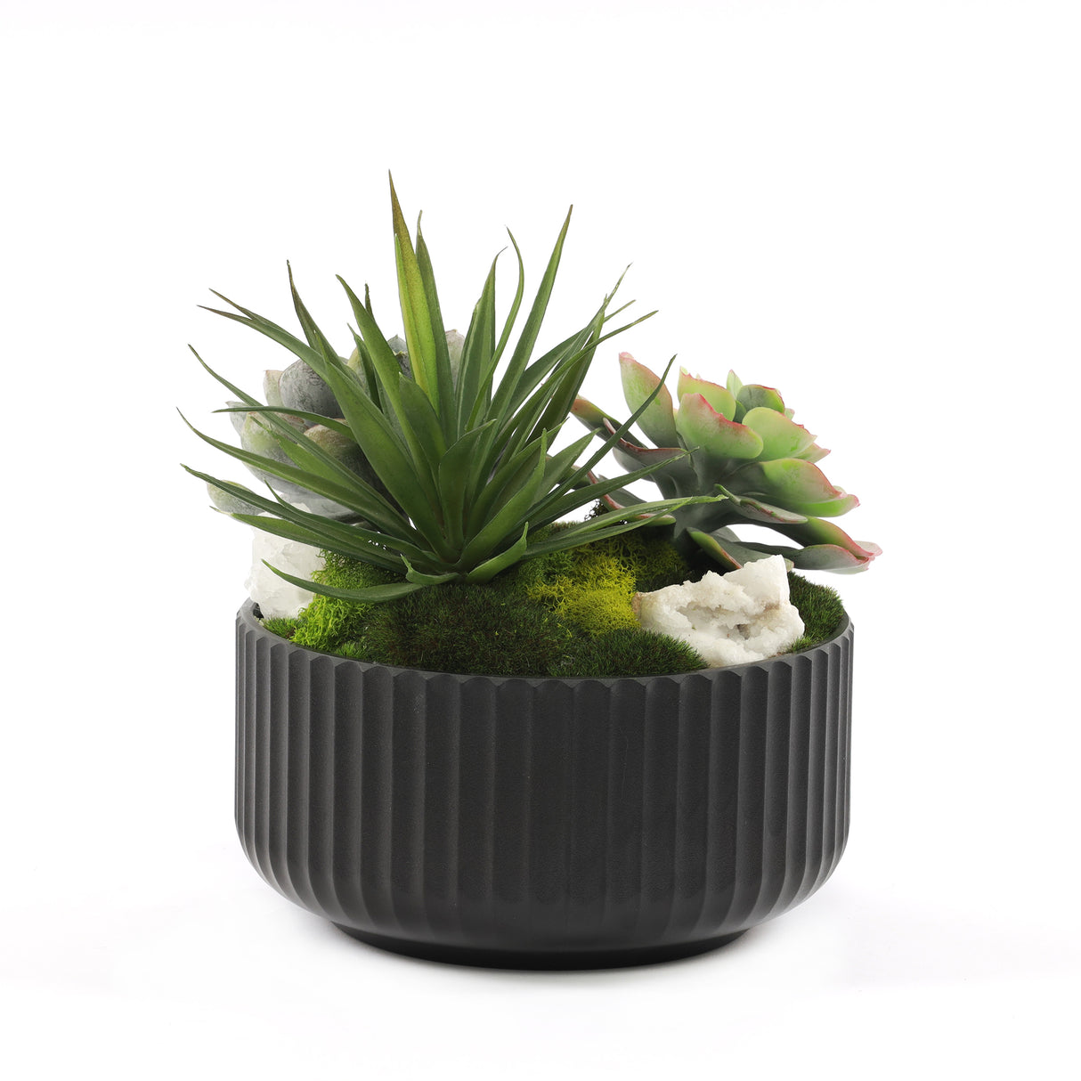 Faux Succulents & Moss Arrangement in Ribbed Black Pot #S-48