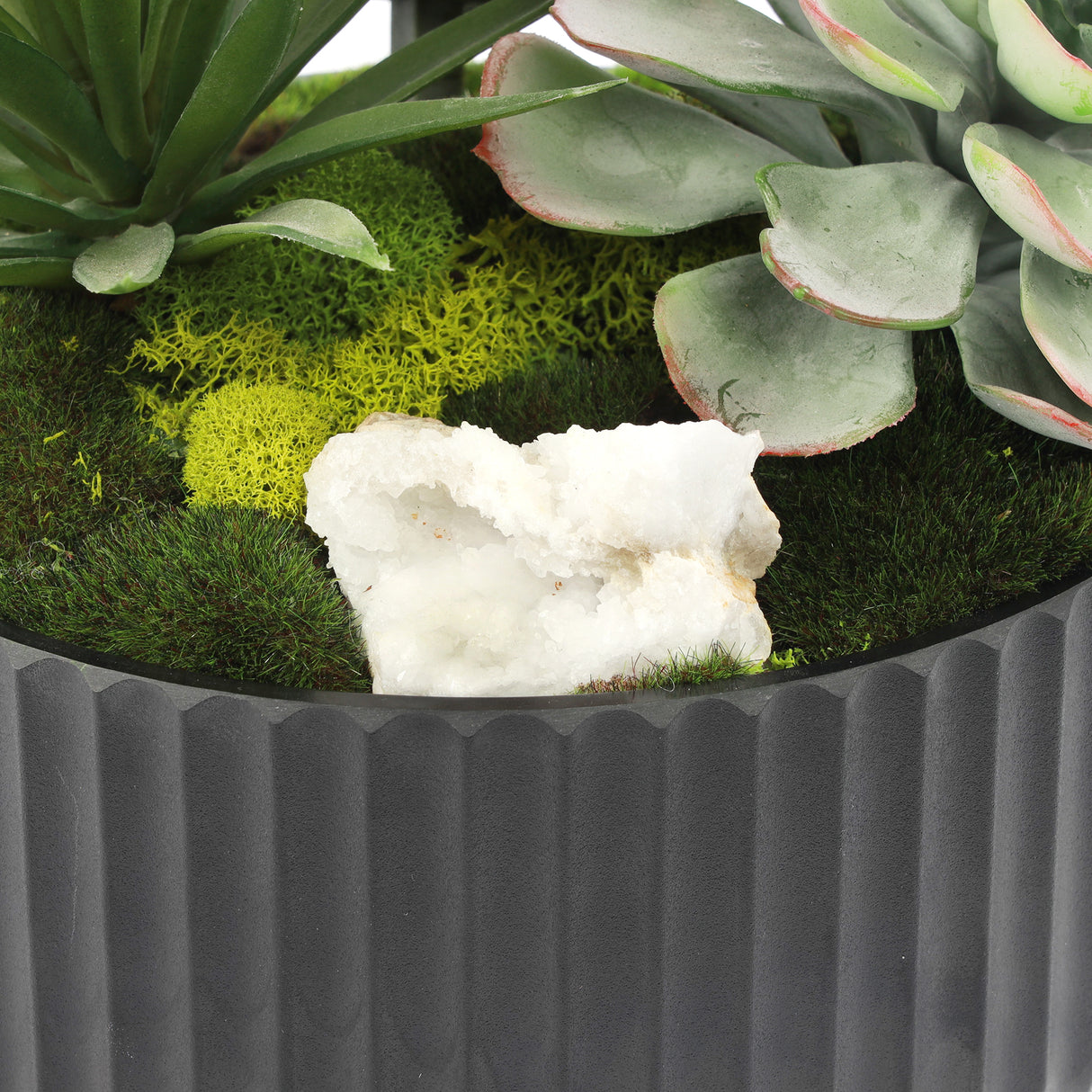 Faux Succulents & Moss Arrangement in Ribbed Black Pot #S-48