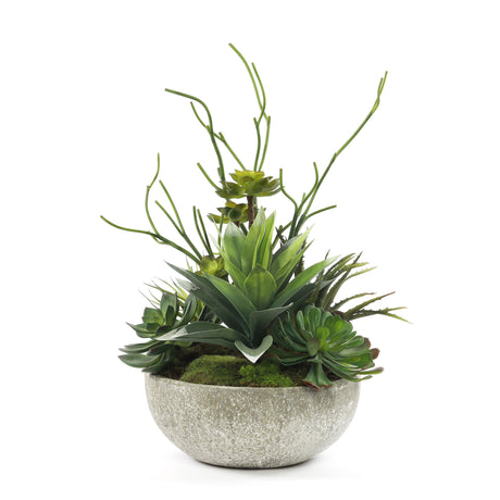 Faux Succulents & Agave Plant in Round Concrete Bowl #S-49