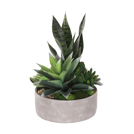 Artificial Succulents with Natural Pebbles in Cement Bowl #S-54