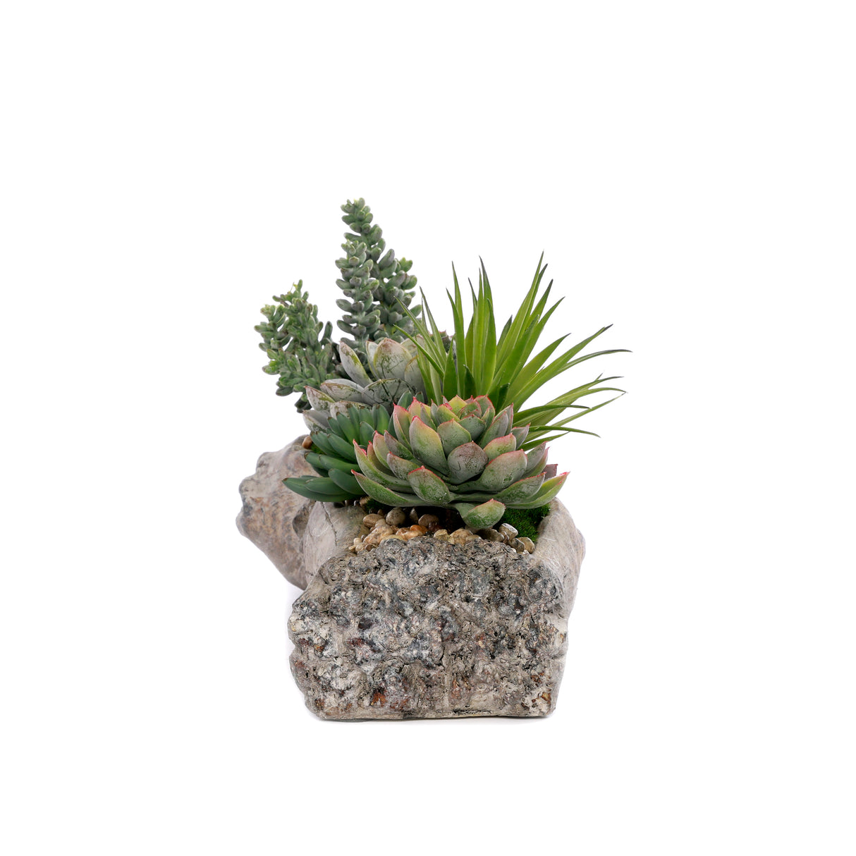 Artificial Succulents with Natural Rocks in a Cement Log #S-64