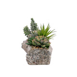 Artificial Succulents with Natural Rocks in a Cement Log #S-64