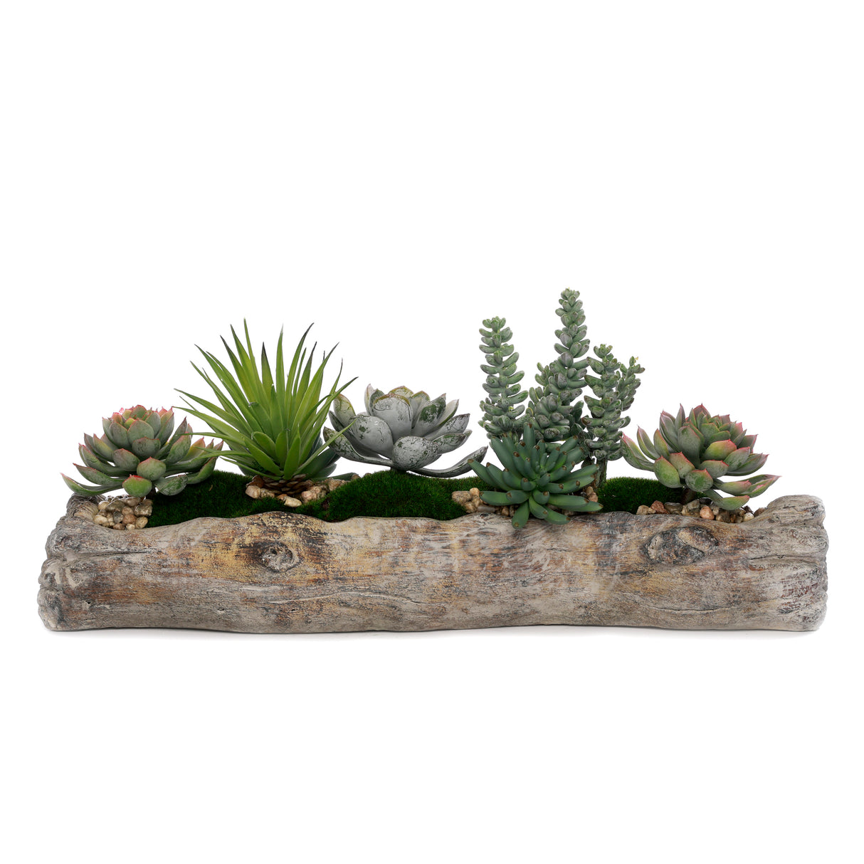 Artificial Succulents with Natural Rocks in a Cement Log #S-64