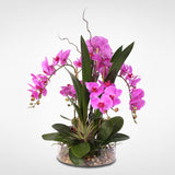 Real Touch Silk Orchids with Succulents and Natural Rocks in Clear Glass Bowl #F-11B