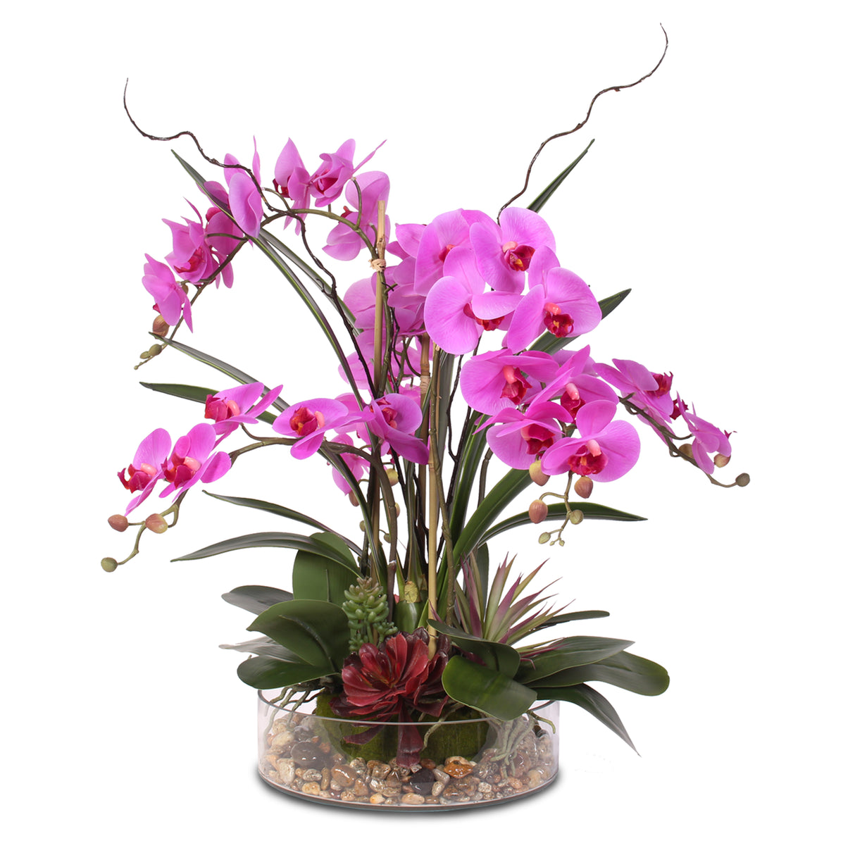 Real Touch Silk Orchids with Succulents and Natural Rocks in Clear Glass Bowl #F-11B