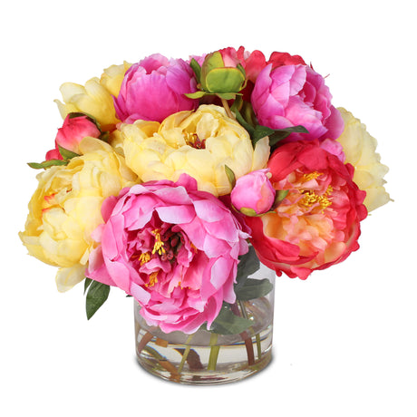 Silk French Peony Bouquet Arrangement in Glass Vase with Fake Water #46C