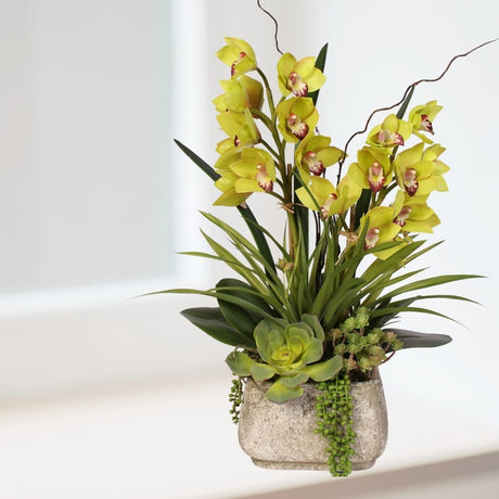Green Real Touch Cymbidium Orchid & Faux Succulents Artificial Flower Arrangement In A Textured Cement Pot #F-56G