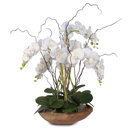 Real Touch 5-Stem Phalaenopsis Silk Orchids in a Natural Teak Bowl #59