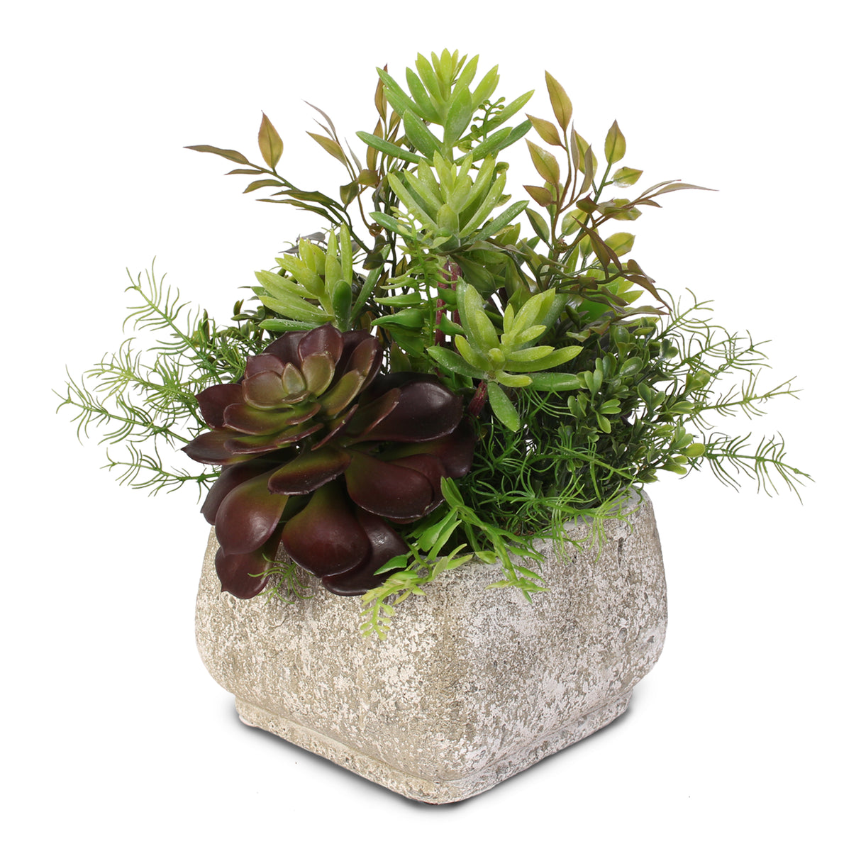 Jenny Silks Artificial Green and Brown Succulents Arrangement in a Square Cement Pot #63