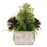Jenny Silks Artificial Green and Brown Succulents Arrangement in a Square Cement Pot #63