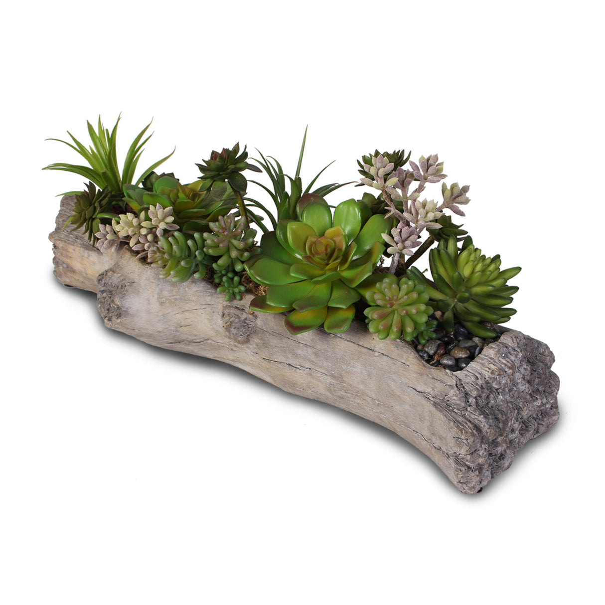 Artificial Succulents with Natural Rocks in a Concrete Log #71B