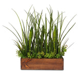 Green Real Touch Artificial Succulent Plants & Grasses Arranged in a Real Wood Planter #S-71D