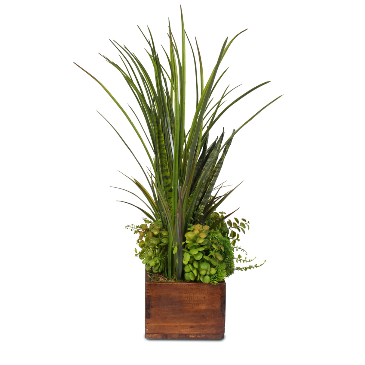 Green Real Touch Artificial Succulent Plants & Grasses Arranged in a Real Wood Planter #S-71D