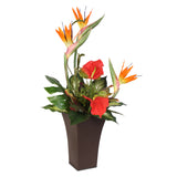 Silk Large Bird of Paradise and Anthurium in a Tall Metal Container #7C