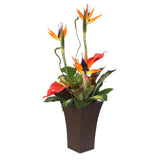 Silk Large Bird of Paradise and Anthurium in a Tall Metal Container #7C