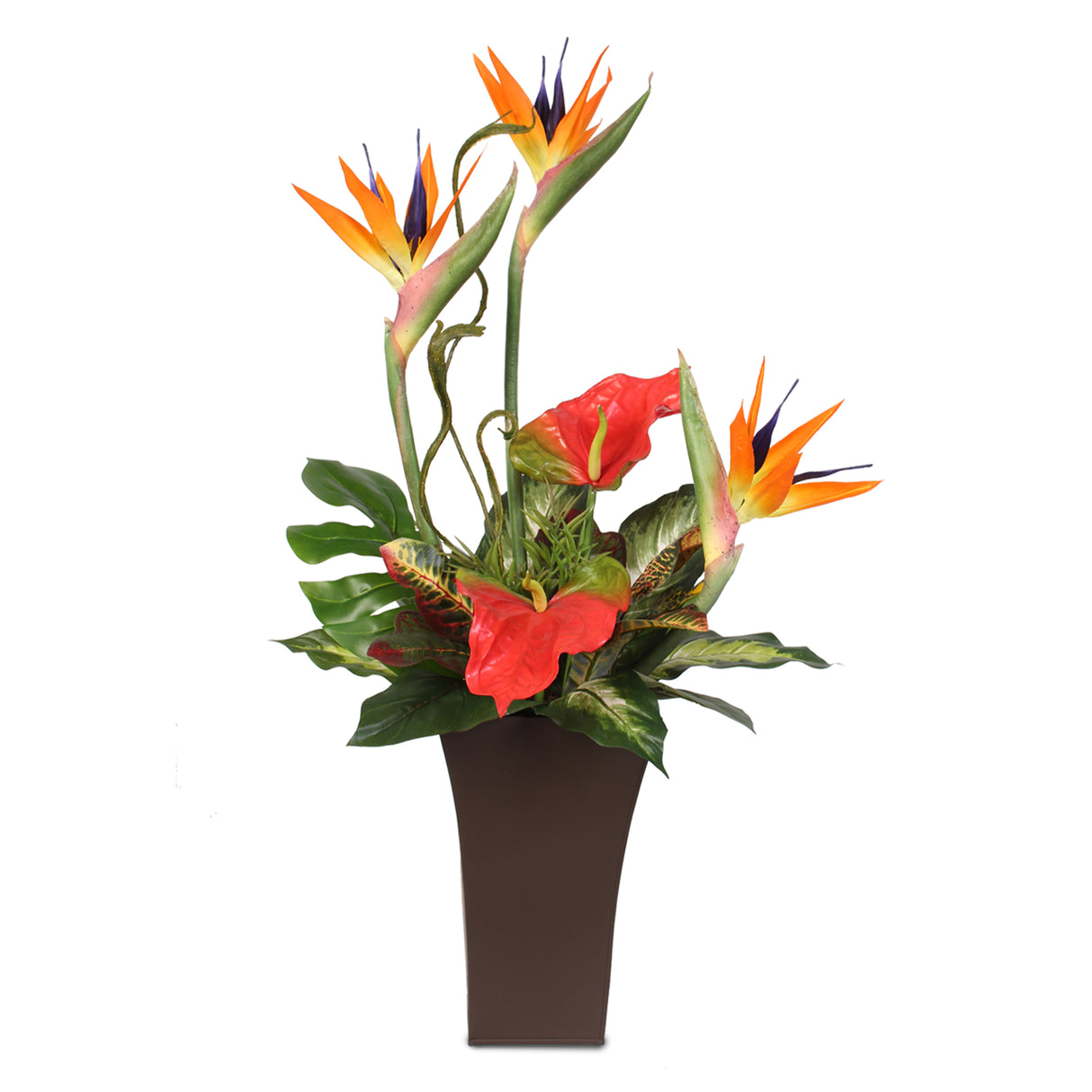 Silk Large Bird of Paradise and Anthurium in a Tall Metal Container #7C