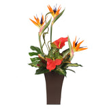 Silk Large Bird of Paradise and Anthurium in a Tall Metal Container #7C