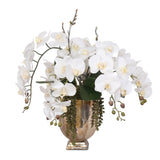 Real Touch White Silk Phalaenopsis Orchids and Leaves with String of Pearls Table Arrangement in Antique Gold Glass Vase #F-104