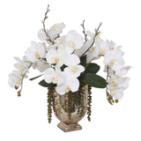 Real Touch White Silk Phalaenopsis Orchids and Leaves with String of Pearls Table Arrangement in Antique Gold Glass Vase #F-104