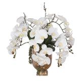 Real Touch White Silk Phalaenopsis Orchids and Leaves with String of Pearls Table Arrangement in Antique Gold Glass Vase #F-104