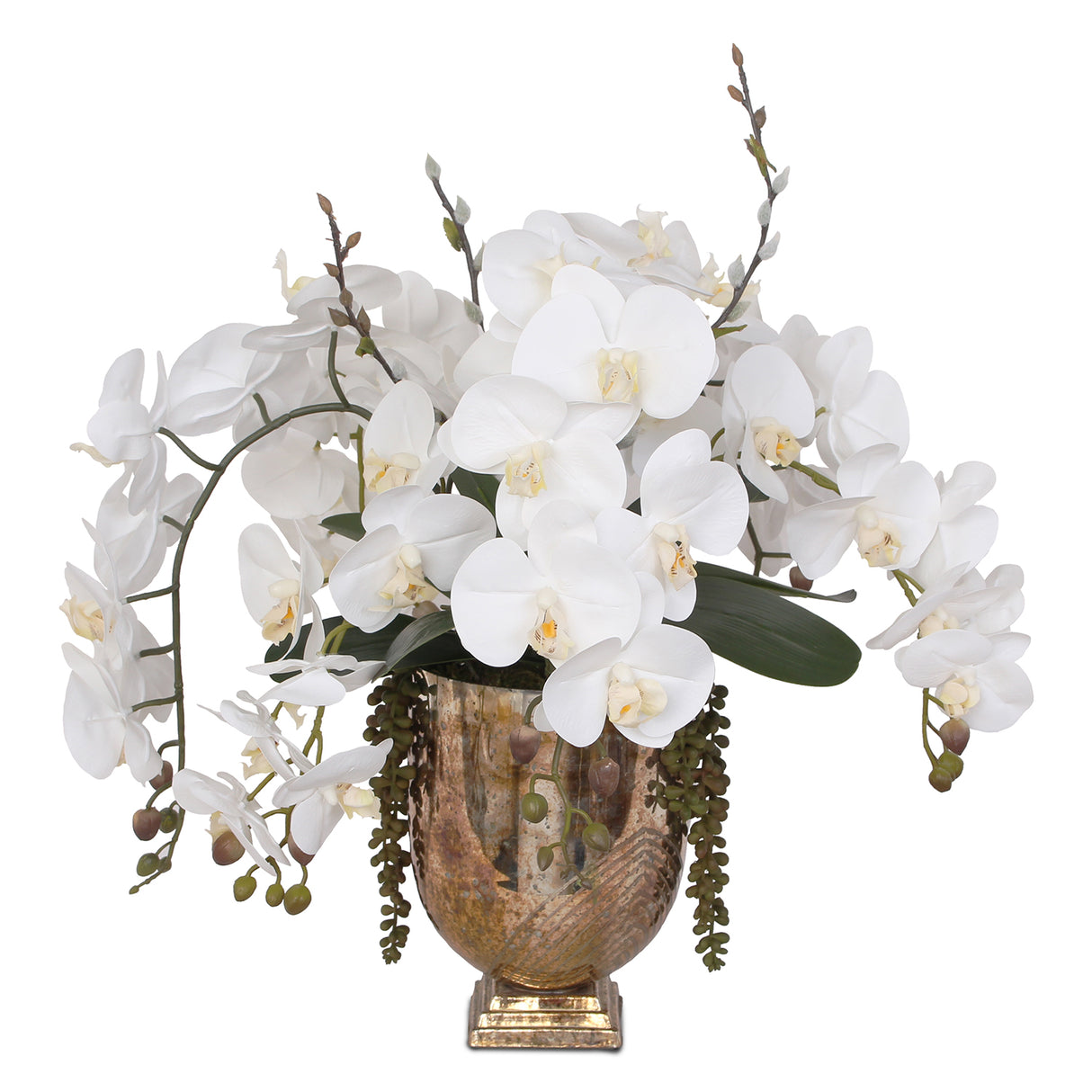 Real Touch White Silk Phalaenopsis Orchids and Leaves with String of Pearls Table Arrangement in Antique Gold Glass Vase #F-104