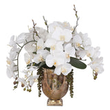 Real Touch White Silk Phalaenopsis Orchids and Leaves with String of Pearls Table Arrangement in Antique Gold Glass Vase #F-104