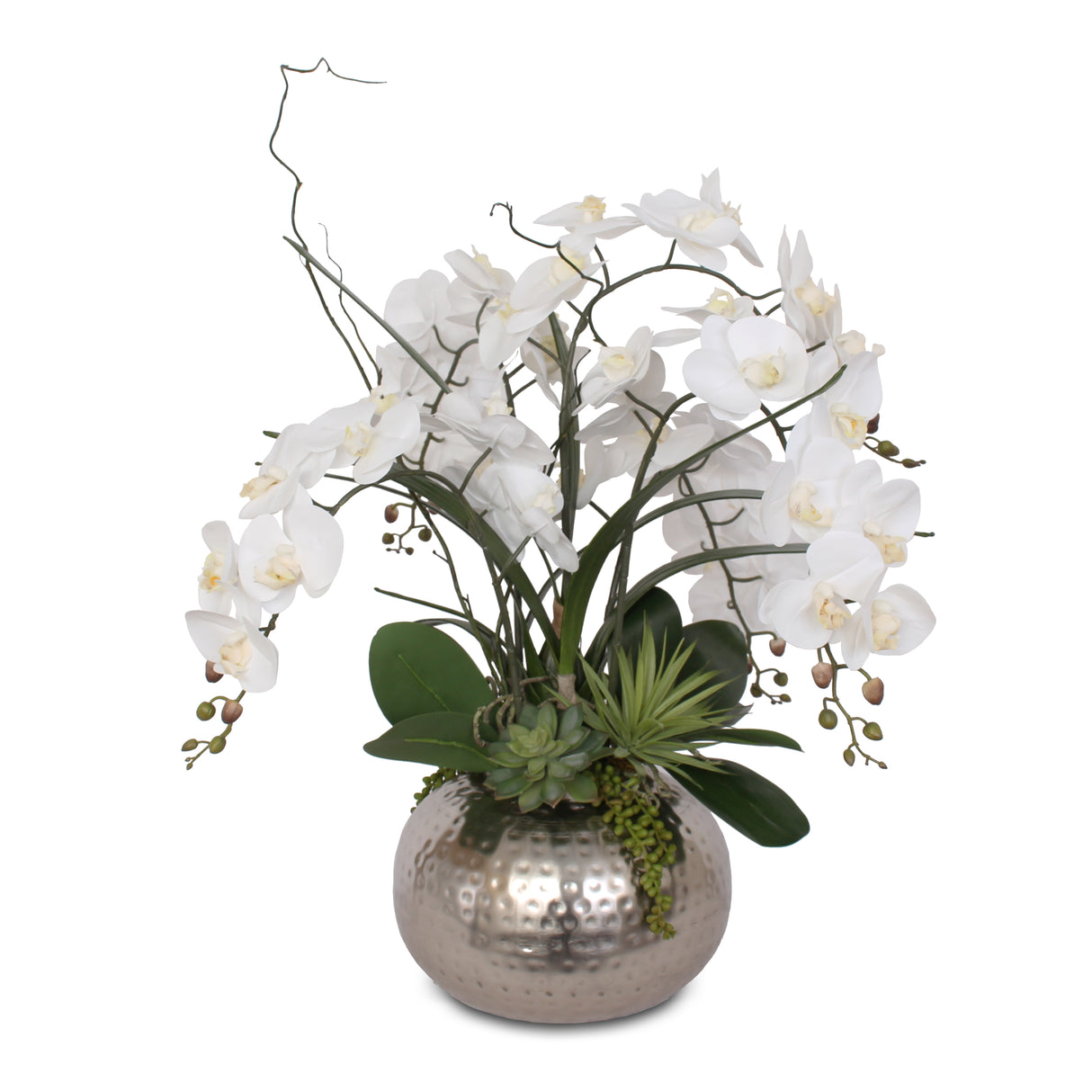 Real Touch White Phalaenopsis Orchids and Leaves with String of Pearls Succulents Table Arrangement in Ball Pot #F-105