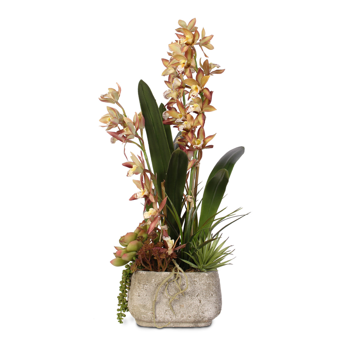 Cymbidium Orchids and Succulents Silk Flower Arrangement In A Square Cement Pot #F-10E