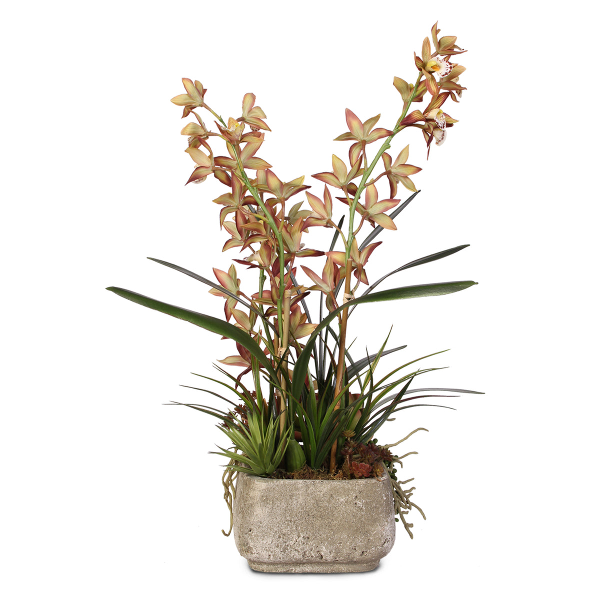 Cymbidium Orchids and Succulents Silk Flower Arrangement In A Square Cement Pot #F-10E