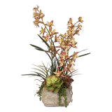 Cymbidium Orchids and Succulents Silk Flower Arrangement In A Square Cement Pot #F-10E