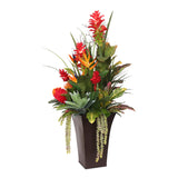 Luscious Tropical Silk Flowers and Greens in Brown Metal Pot #F-113