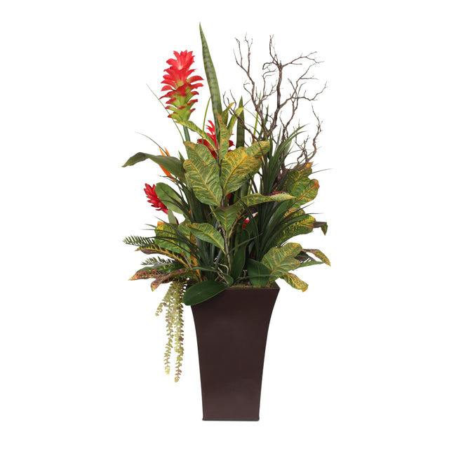 Luscious Tropical Silk Flowers and Greens in Brown Metal Pot #F-113 ...