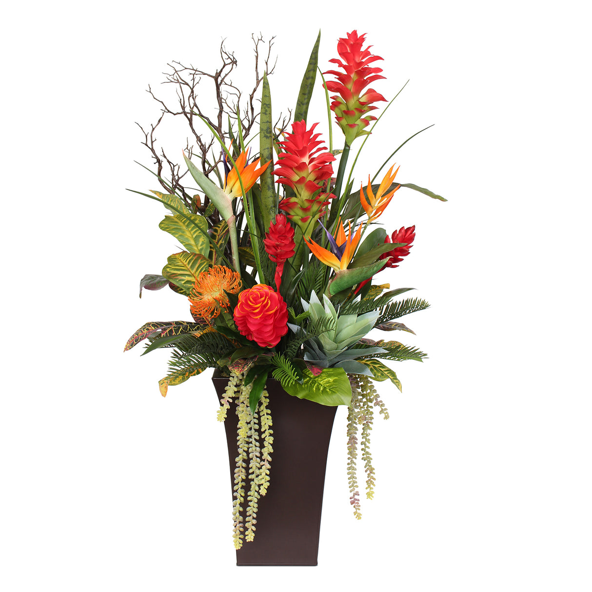 Luscious Tropical Silk Flowers and Greens in Brown Metal Pot #F-113