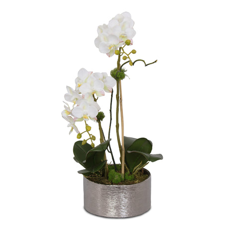 Real Touch White, Pink Accent Phalaenopsis Orchids Arrangement in Round Silver Ceramic Pot # F-126