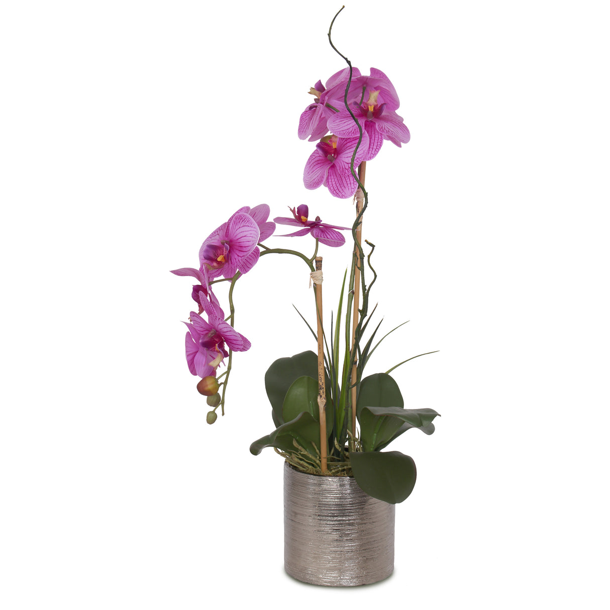 Real Touch Fuchsia Purple Phalaenopsis Orchids Arrangement in Silver Cylinder Pot#F-127